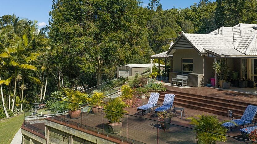 Poolside deck with lounge chairs
